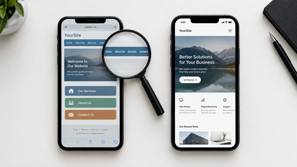 Старая и новая версия сайта Два смартфона со старой и новой версией сайта